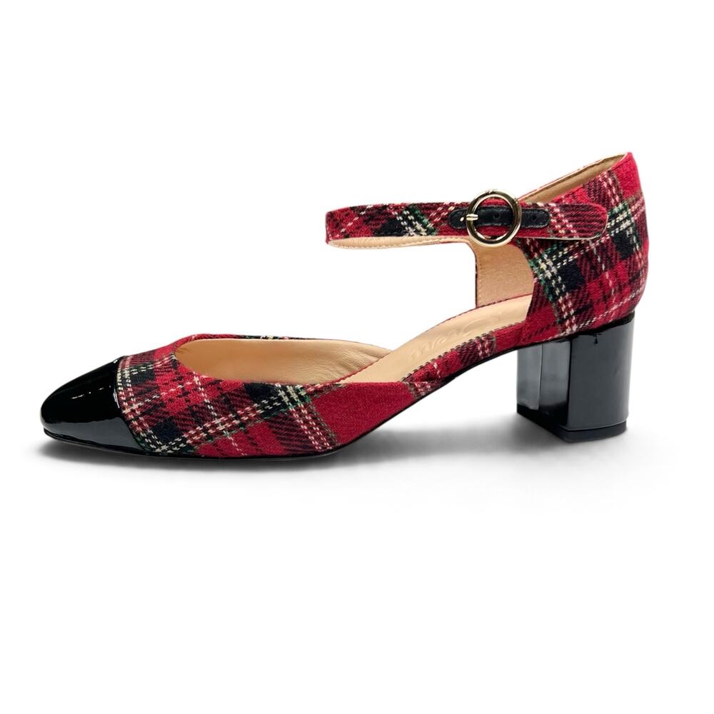 J Crew Millie Tartan Plaid Heels 9 Good Tidings Patent Toe Ankle Strap Holiday